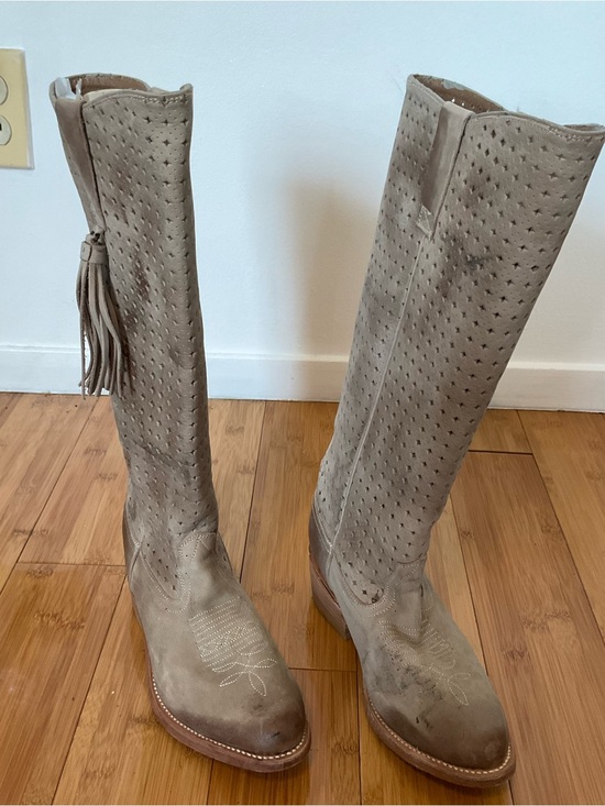 Miss Sixty Shoes - Miss Sixty Taupe Perforated Over-the-Knee Suede Boots with Tassel